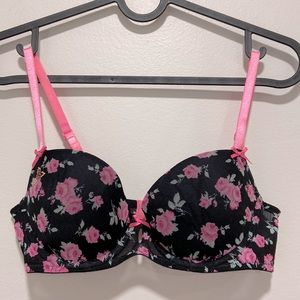 Betsey Johnson Black Pink Rose Lined Bra Women Size 34B